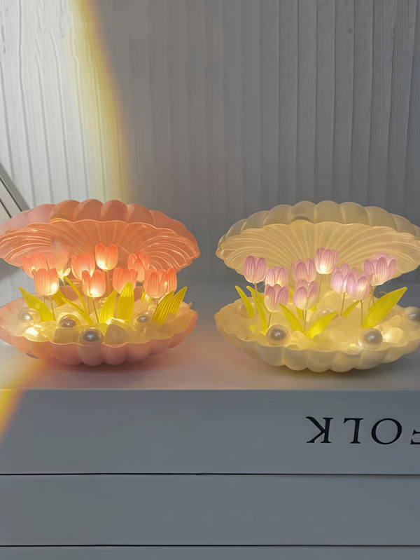 1 pieza Luz nocturna con diseño de tulipán de concha marina, con 20 tulipanes, ideas de manualidades hechas a mano, con pilas, para decoración de sala de estar, dormitorio, ceremonia de boda, escritorio, fiesta, vacaciones, hermoso regalo de cumpleaños