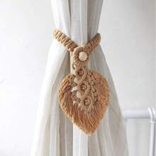 1 件波西米亚风格编织窗帘流苏系带，带叶子装饰，手工制作的叶子窗帘系带