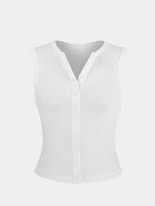 Women's Casual Sleeveless Button-Up Tank Top, Slim Fit, Versatile, White, Summer New Arrival