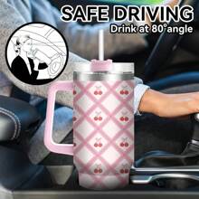 1 件格子粉色主题，蝴蝶结樱桃印花，40 盎司理想容量，不锈钢保温杯，带手柄的车载杯，方便携带，双面设计，防倾倒杯，保温咖啡杯，冷热皆宜，双层隔热，可用洗碗机清洗，送给家人和朋友的礼物，适用于各种场景