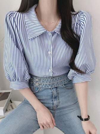 新款春夏宽松条纹短袖衬衫