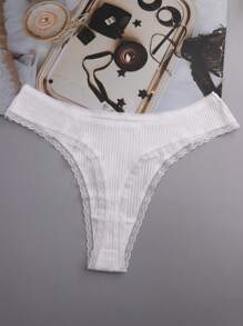 5 条装女士白色可爱蝴蝶结蕾丝边性感丁字裤 - 白色 - 查看 6