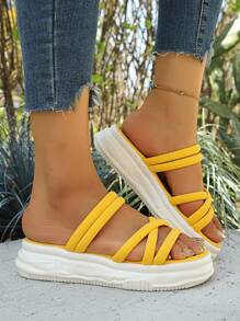 女士夏季新款厚底坡跟凉鞋、休闲罗马沙滩拖鞋 - 黃色 - 查看 4