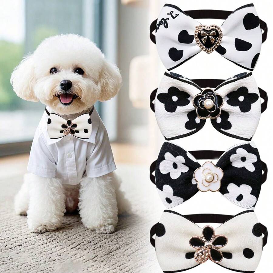 4 chiếc nơ cổ hình hoa trà màu sắc ngẫu nhiên thanh lịch và dễ thương cho thú cưng, phù hợp với chó Maltese và các loại chó nhỏ/trung bình khác - Đen và trắng - Xem 1