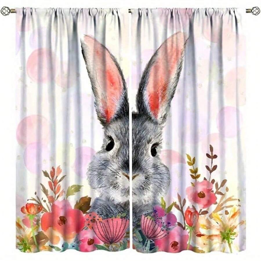 2 Panel 28"X40" Watercolor Easter Rabbit Blackout Curtains - Rustic Spring Woodland Floral Bunny Design, Thermal Insulated Light-Filtering Rod Pocket Drapes For Bedroom & Living Room, Polyester Peach Light Beige Fabric, Machine Washable