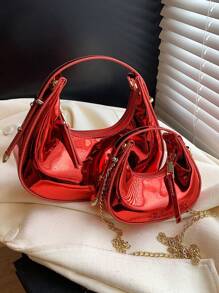 Sac à main miniature boîte de lune brillante, sac à bandoulière/sac banane à la mode holographique en forme de croissant de lune rouge, étui à rouge à lèvres, pochette pour écouteurs, porte-monnaie, pour le bureau et les déplacements au printemps/été