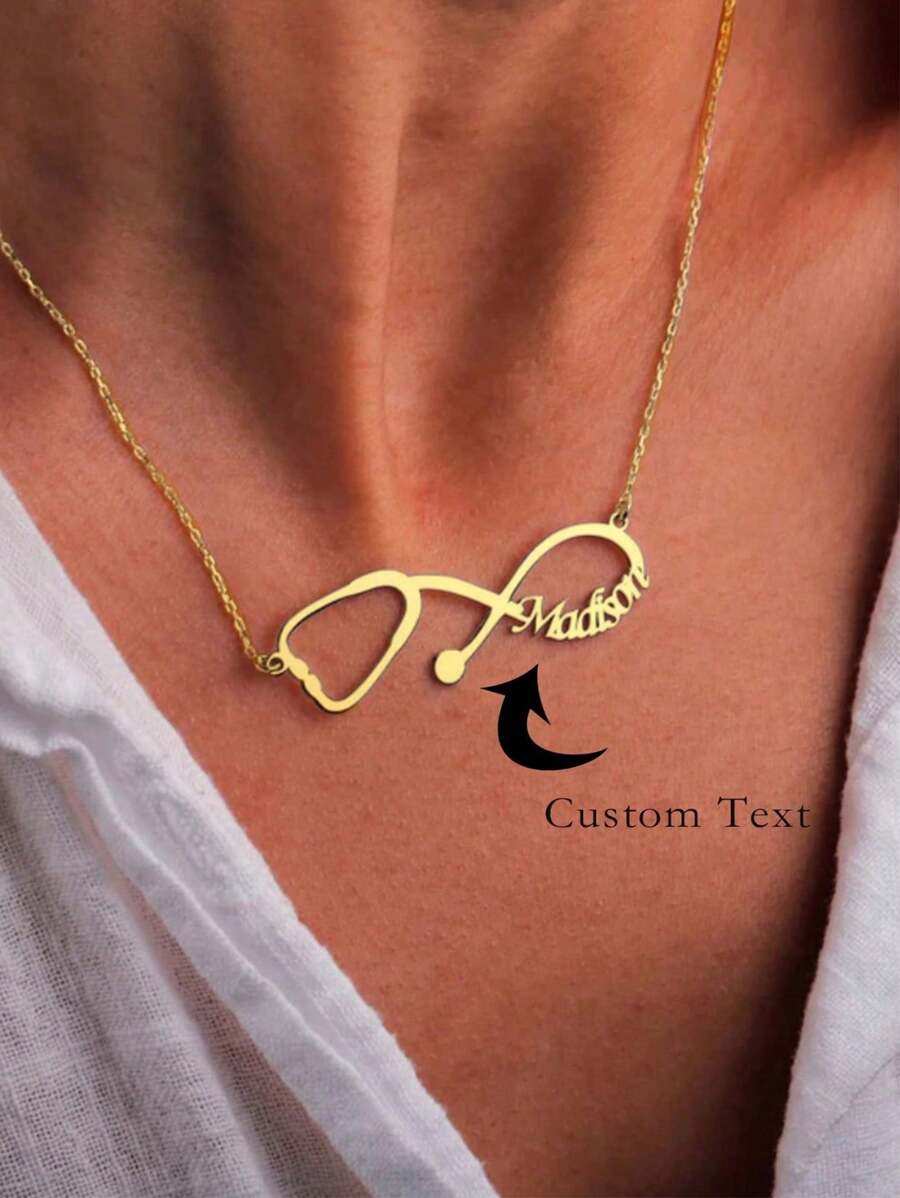1 pieza Collar con nombre de estetoscopio personalizado para mujeres, enfermeras, médicos, color dorado, de acero inoxidable, collar personalizado, regalo de joyería - Oro-ND0224G - Ver 1