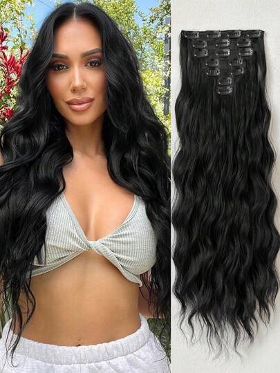 7pcs/Set Black 22 Inch Long Natural Wave Clip-In Hair Extensions, Heat Resistant Synthetic Hair Extensions For Women, Suitable For Party And Daily Wear