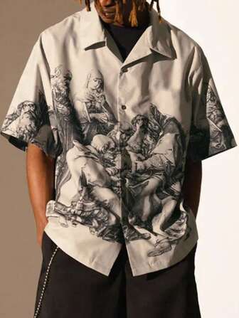 男士夏季短袖满版印花人像领时尚休闲衬衫