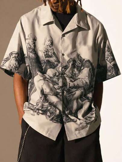 男士夏季短袖满版印花人像领时尚休闲衬衫