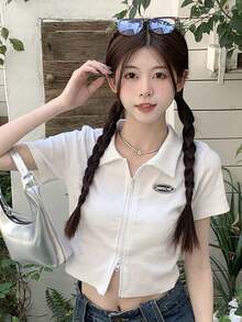 Áo thun nữ tay ngắn cổ khóa kéo in chữ mùa hè thường ngày - trắng - Xem 3