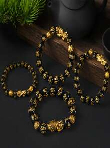 1 pezzo Braccialetto Feng Shui per ricchezza e fortuna, braccialetto in ossidiana nera Feng Shui Pixiu per la prosperità, con perle Buddha, braccialetto elastico come gioiello unisex