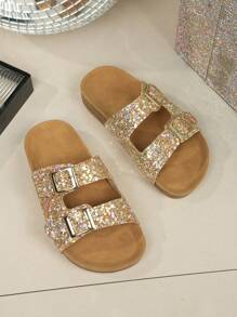 1 Pair Girls' Cork Anti-Slip Thick Sole Slippers, Soft & Comfortable, Fashionable Sequin With Crystal Design, For Girls Aged 3-15, Suitable For Outdoor, Beach, Seaside