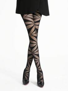 1pc Black Geometric Pattern Pantyhose For Women, Super Thin Breathable Nylon, High Stretch Skinny Tight Pants, Suitable For Daily Wear/Party & Banquet