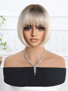 Stylish Women's Wig 10-Inch Gradient White Gold Short Straight Bob Wig With Bangs Stylish Elegant Women's Wig Perfect For Holiday Travel Family Gatherings Everyday Wear