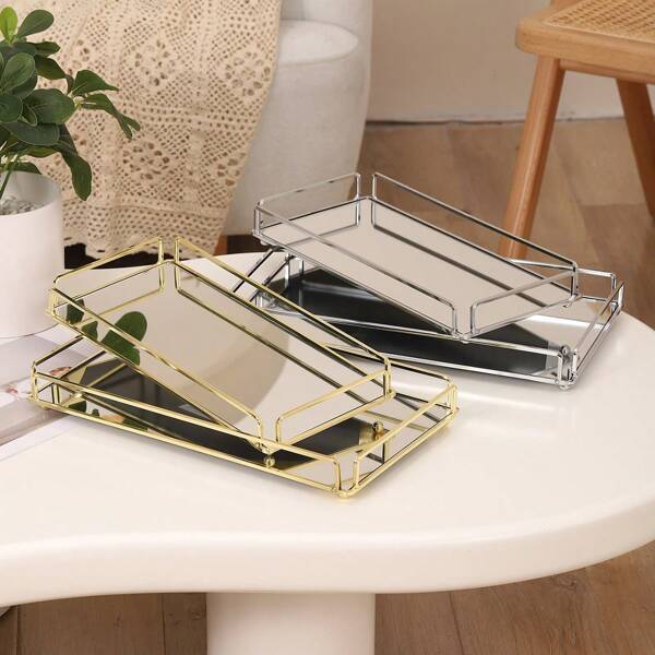 1 pieza bandeja de cristal rectangular con marco de metal dorado / 1 pieza bandeja de cristal rectangular con marco de metal plateado / Set de 2 piezas bandejas de cristal rayadas, elegante y minimalista plato de almacenamiento de arte de hierro para sala de estar, comedor, baño, tocador, aperitivos, velas, cosméticos, platos de joyas, plato de cocina, decoración de cocina, bandeja de frutas, decoración de bandeja