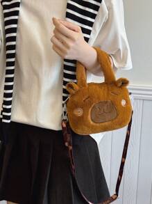 时尚水豚图案毛绒斜挎包，可用作单肩包、手提包和休闲包，新款秋冬女包，最佳钱包。 - 棕色 - 查看 5