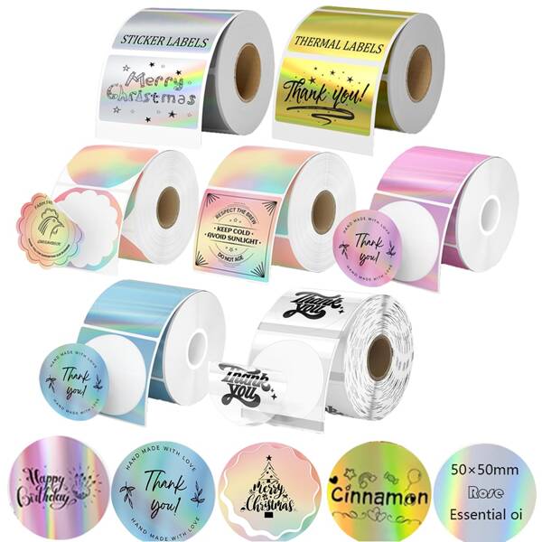 Novos adesivos térmicos não adesivos compatíveis com Phomemo M220/M110/M108, quadrados, redondos, coloridos, papel para etiquetas térmicas a laser holográficas, material escolar, volta às aulas