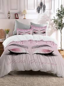 3pcs Eyelash & Slogan Pattern Duvet Cover Set, Soft Polyester, All-Season Zipper Closure, Machine Washable, Digital Print, Includes 1 Duvet Cover And 2 Pillowcases
