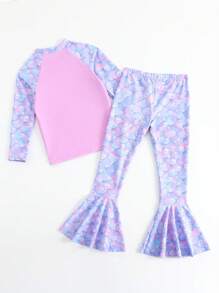 2 件装少女卡通美人鱼鳞片印花长袖泳衣