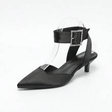 Große Größen Damen Lässige Spitze Zeh Schnallen Dekor Stilettos Schwarz Hohe Absatz Sandalen, vielseitig für EU & US Markt