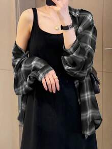 春季新款时尚轻薄格子透明宽松女式衬衫外套