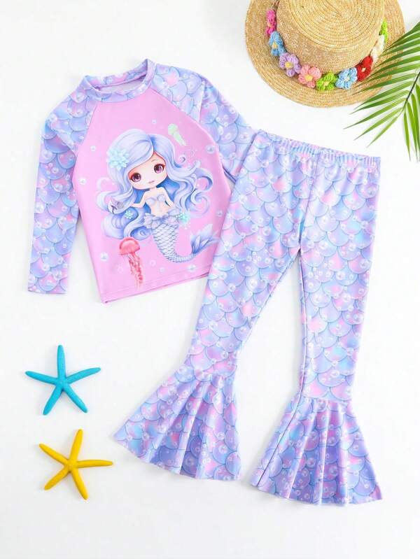 2pcs Young Girl Cartoon Mermaid Scale Print Long Sleeve Swimsuit