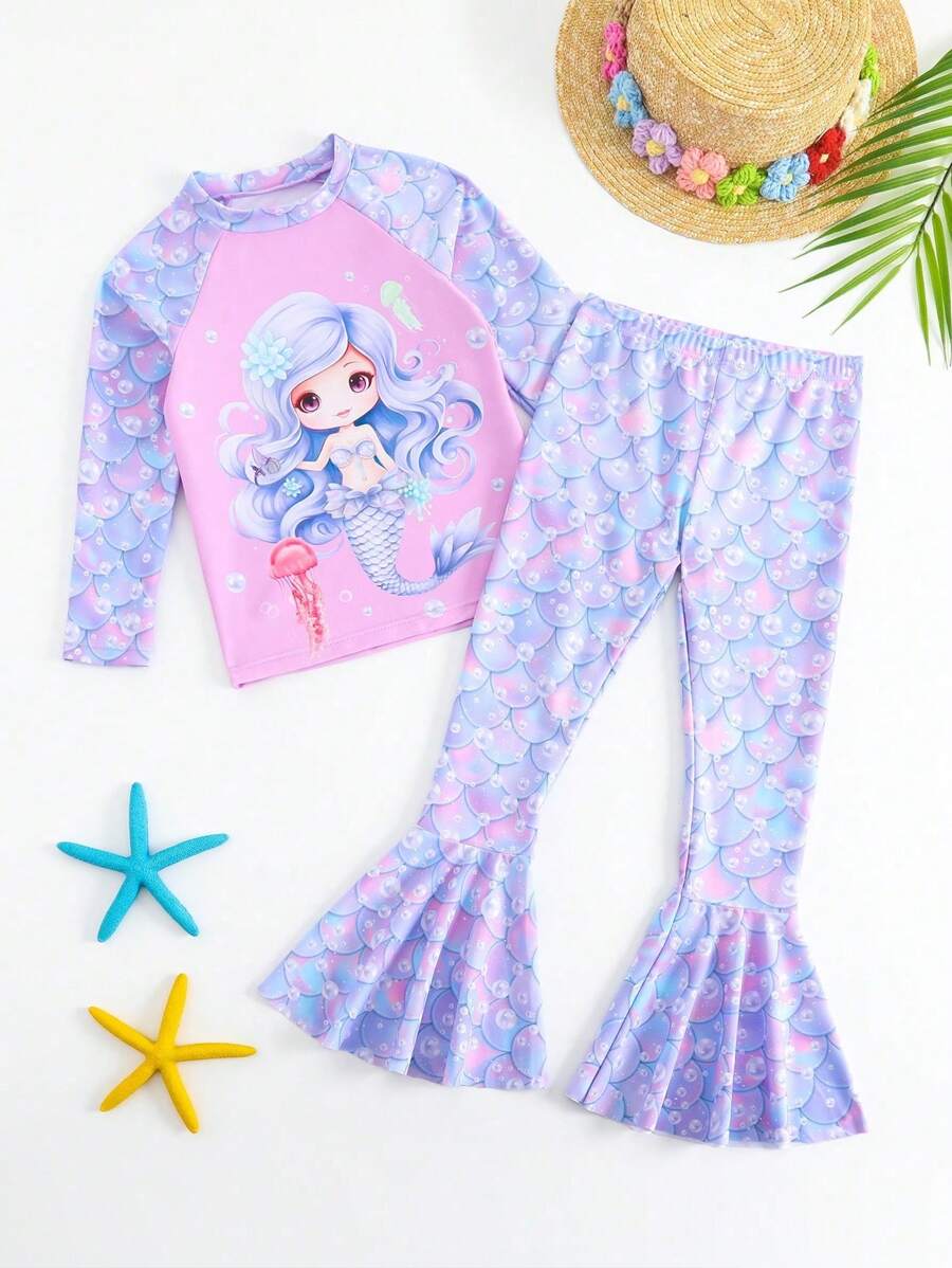 2 件装少女卡通美人鱼鳞片印花长袖泳衣