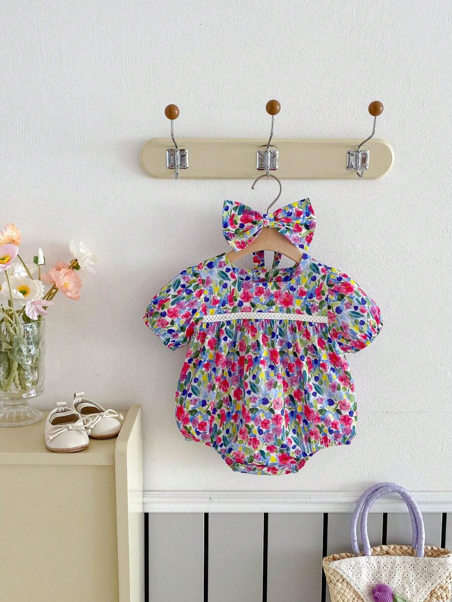 Miniweenns 1件女嬰幼兒戶外休閒印花彩色連身褲附蝴蝶結，女童連身衣