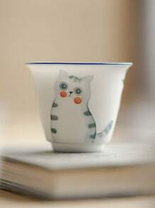 1 件淡蓝色手绘猫茶杯，优雅家居陶瓷茶杯