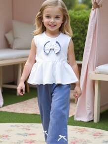 2 件套女童夏季优雅可爱时尚简约百搭双层蝴蝶结装饰无袖吊带背心搭配蝴蝶结装饰阔腿裤，适合上学和外出