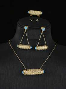 1 Set Vintage Cubic Zirconia Rhombus Inlaid Bullet Head Turquoise Necklace Earrings Ring Set, Suitable For Women's Daily Wear, Festivals And Gatherings - Gold - View 1