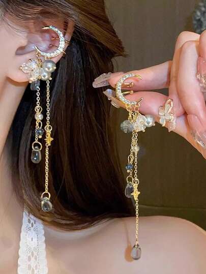1 Pair Fashion Rhinestone Star & Moon Clip Earrings, Elegant Crystal Tassel Clip-On Earrings For Women, Suitable For Party And Gifts