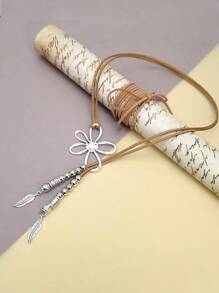 1 件质朴波西米亚风花朵吊坠项链，仿麂皮绳套索，带串珠羽毛饰物，可调节长度珠宝，适合女性日常佩戴 - 羽毛 - 查看 4