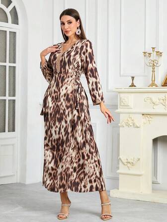 Fashionable, Elegant Leopard Print Beaded Edge Cinched Waist Jalabiya Dress, Ramadan Collection
