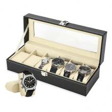 Caja de reloj con 6 compartimentos de piel sintética negra y forro blanco, con tapa de cristal, cojín extraíble, regalo creativo de Navidad - Negro - Ver 1