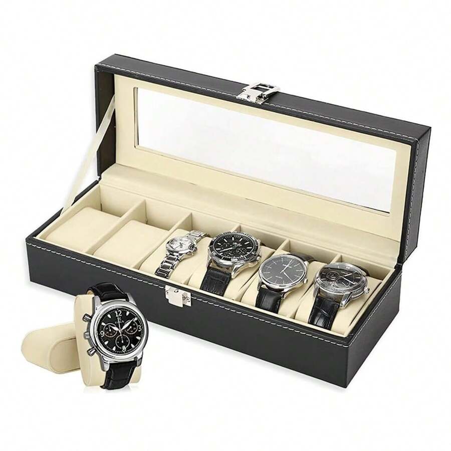 Caja de reloj con 6 compartimentos de piel sintética negra y forro blanco, con tapa de cristal, cojín extraíble, regalo creativo de Navidad - Negro - Ver 1