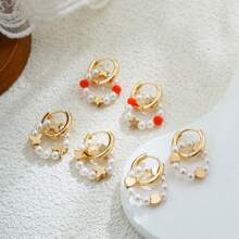 1 对金色蝴蝶星心橙色玻璃珠环状耳环，可拆卸，优雅，适合女性日常佩戴 - 金色 - 查看 1