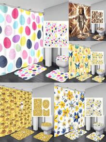 1 件/4 件豪华涤纶纤维浴室套装带浴帘和防滑地毯现代防水浴室装饰带马桶盖和 U 型垫快干面料适用于家庭公寓宿舍时尚季节性浴室配件带挂钩