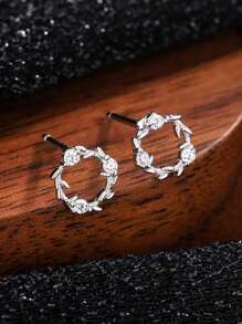 1pc S925 Sterling Silver Flower Wreath Stud Earrings For Women, Elegant, High-End, Mori Style, Zirconia Decoration, Suitable For Daily Wear