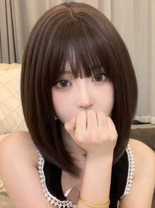 1 Piece Synthetic Heat-Resistant Hairpiece In Cool Brown Short Hair Bobo Wig With Bangs , 12 Inches Long, Made From Fiber, Suitable For Daily Use, Natural And Realistic Hairpiece.(The Intranet Is Consistent With The Requirements),Summer Style, Back To School Gift