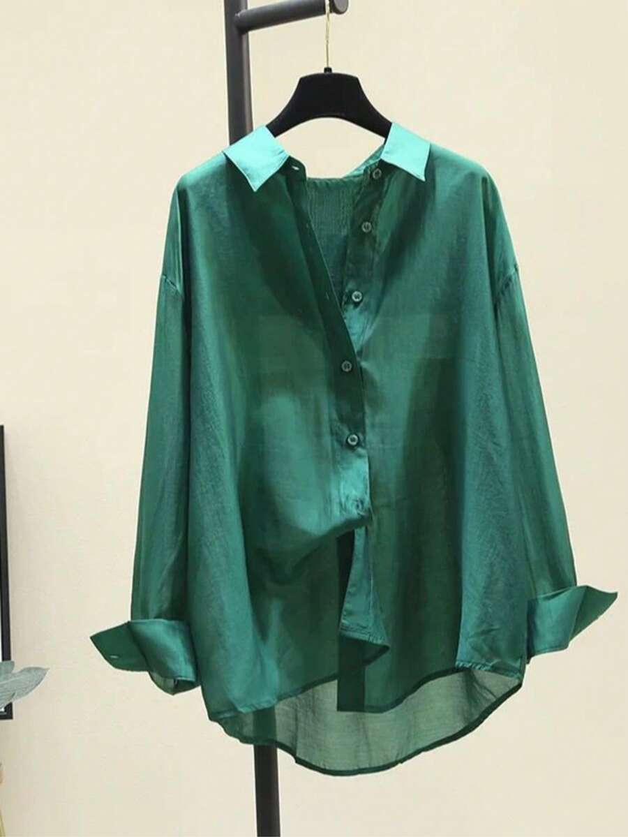 Women's Casual Versatile Solid Color Semi-Sheer Blouse - Green - View 1