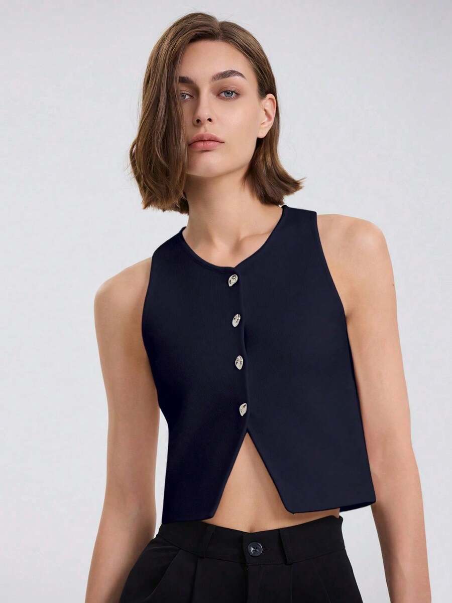 1pc Women Single-Breasted Round Neck Split Hem Knit Sweater Vest, Spring/Autumn - Navy Blue - View 1