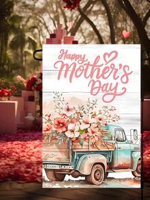 Happy Mother's Day Floral Truck Garden Flag, Polyester, 12x18 Inches - Perfect For Mother's Day Holiday Outdoor Home & Garden Decor, No Pole, Thoughtful Mother's Day Gift