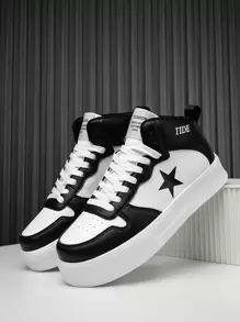 Men's Black & White Comfortable Thick Sole Shock-Absorbing High-Top Street-Style Casual Sports Shoes, Personalized Star Print Leather Upper Splicing High-End Minimalist Outdoor Non-Slip Flat Shoes