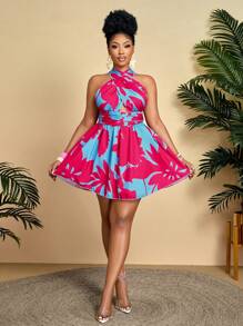 BIUBIU Plus Size Floral Print Halter Backless Dress, Holiday Wear