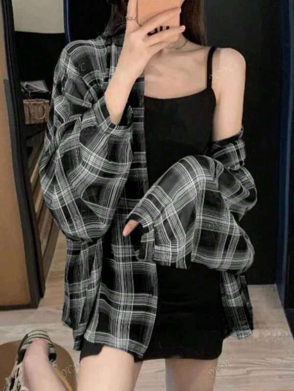Spring New Chic Lightweight Plaid Sheer Loose Shirt Coat For Women