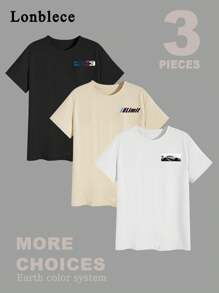 Lonblece 3pcs Unisex Crew Neck T-Shirts With Racing Element Print, Casual And Comfortable Tee - Multicolor - View 2