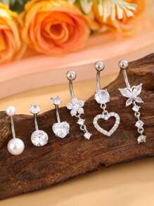 6Pcs/Set Stainless Steel Faux Pearl Butterfly Heart Shaped Navel Rings, Women's Classic Piercing Belly Rings, Daily Wear Valentines - Yellow Gold - View 6