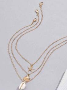 1 Set Starfish, Shell & Seashell Pendant Necklace, Boho Beach Vacation Everyday Jewelry - Three Piece Set - View 3